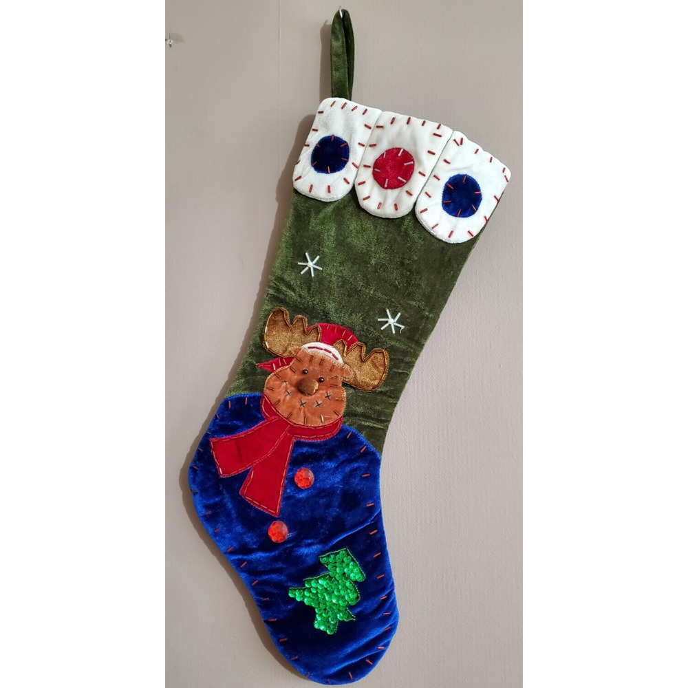 Reindeer Christmas Stocking Blue Green Velvet Appliqued Beaded Embroidered 19"